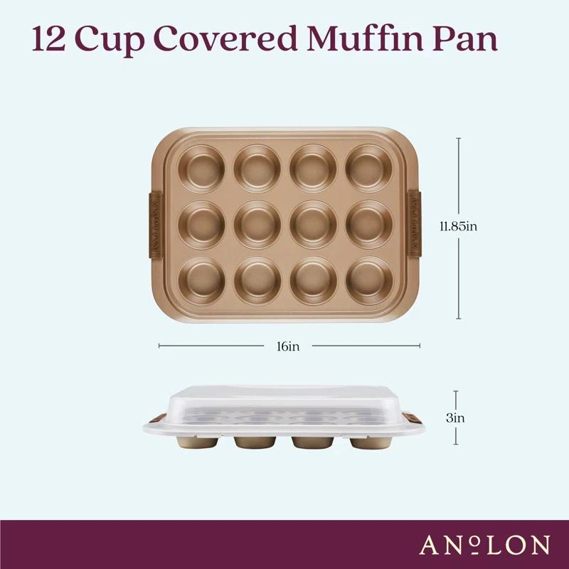 Anolon Anolon Advanced Bakeware 12-Cup Nonstick Muffin Pan with Silicone Grips and Lid, Bronze