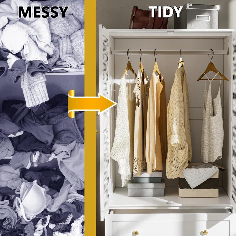 Everly Quinn Freestanding Armoire Wardrobe Closet with 2 Woven Doors