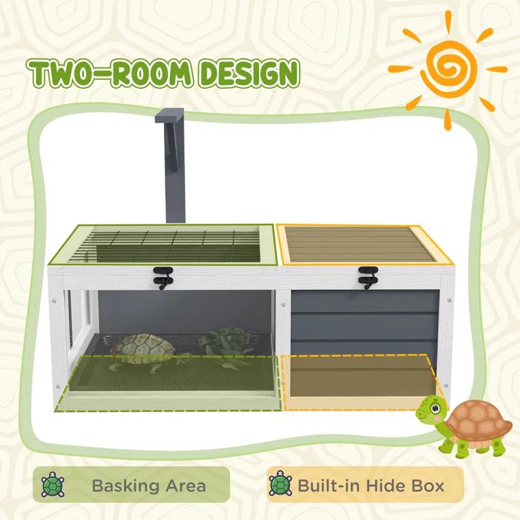 Tucker Murphy Pet™ Tortoise Habitat, Wooden Tortoise House, Indoor Outdoor Tortoise Enclosure With Lamp Holder, Pull-Out Waterproof Trays, Openable Lids, Gray