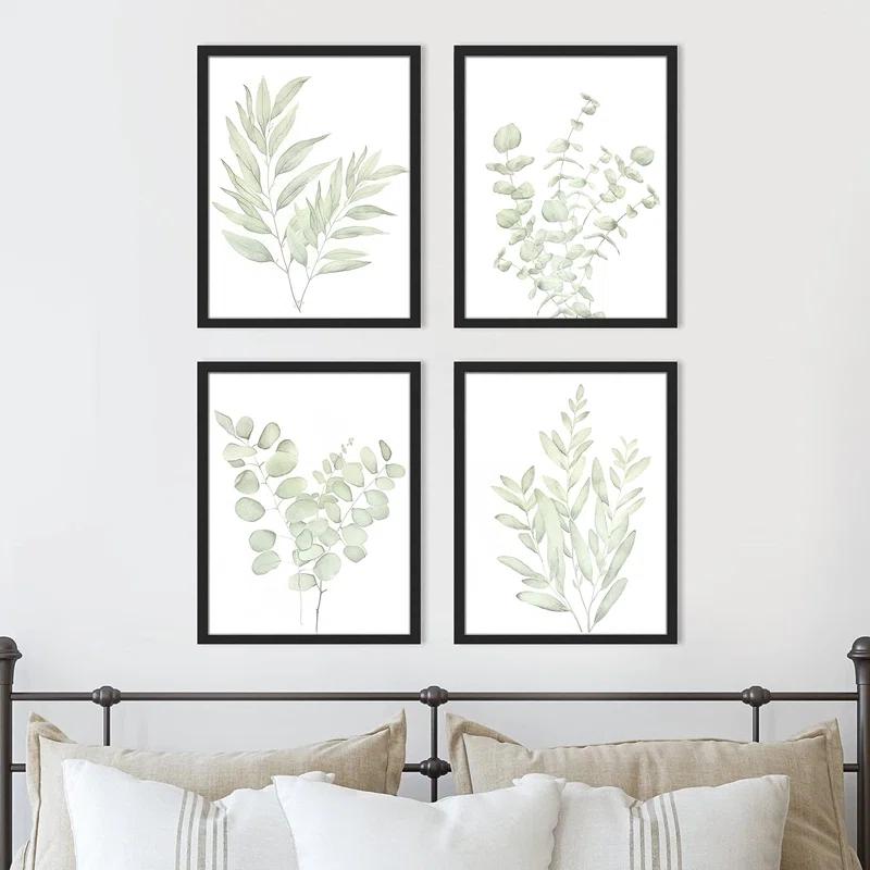 IDEA4WALL Minimal Botanical " IDEA4WALL Framed Pastel Watercolor Green Leaves Wall Art, Set Of 4 Nature Wilderness Wall Decor Prints, Botanical Floral Wall Decor For Living Room, Bedroom " 4 - Pieces