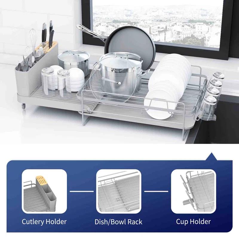 Kitsure Large Dish Drying Rack - Extendable Dish Rack, Multifunctional Dish Rack for Kitchen Counter, Anti-Rust Dish Drainers with Cutlery & Cup Holders 19.2"-26.7" L x 12.9" W, Grey