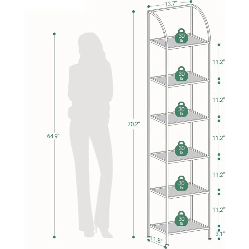 Mercer41 Bookcase Bookshelf, Tempered Glass Arched Bookshelf For More Storage, Slim Shelving Unit For Bedroom, Bathroom, Home Office, Steel Frame, 6 Tier Gold