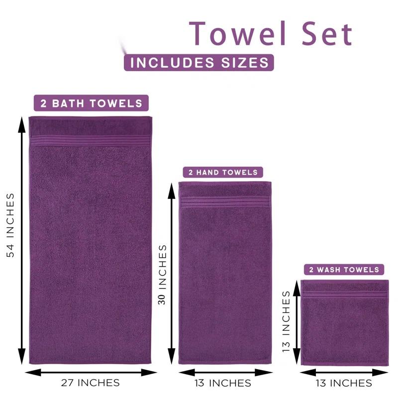 FAST APPLIANCES LLC Purple Bath Towels Set For Bathroom Soft Absorbent Durable 650 GSM Turkish Cotton Towel Set Of 6, 2 Large Bath Towels, 2 Hand Towels, 2 Washclothes