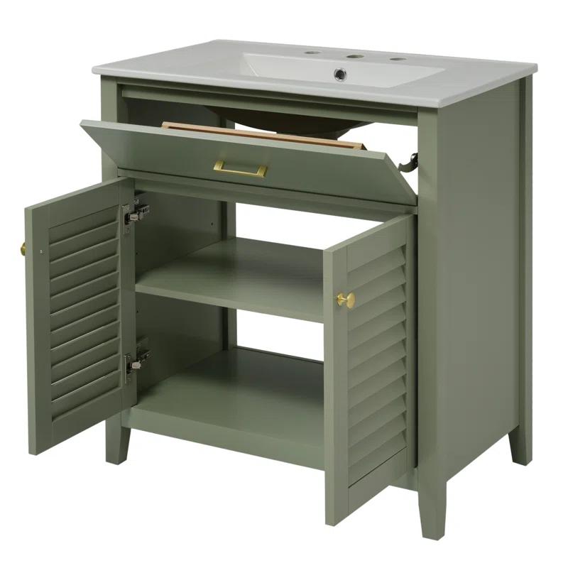 HLILish 30-Inch Bathroom Vanity With Ceramic Sink Combination, Ample Storage - Features 1 Pullout And Multifunctional Shelf Dividers