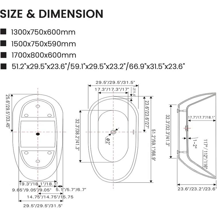 Vanity Art Freestanding Soaking Acrylic Bathtub VA6515-S-IO