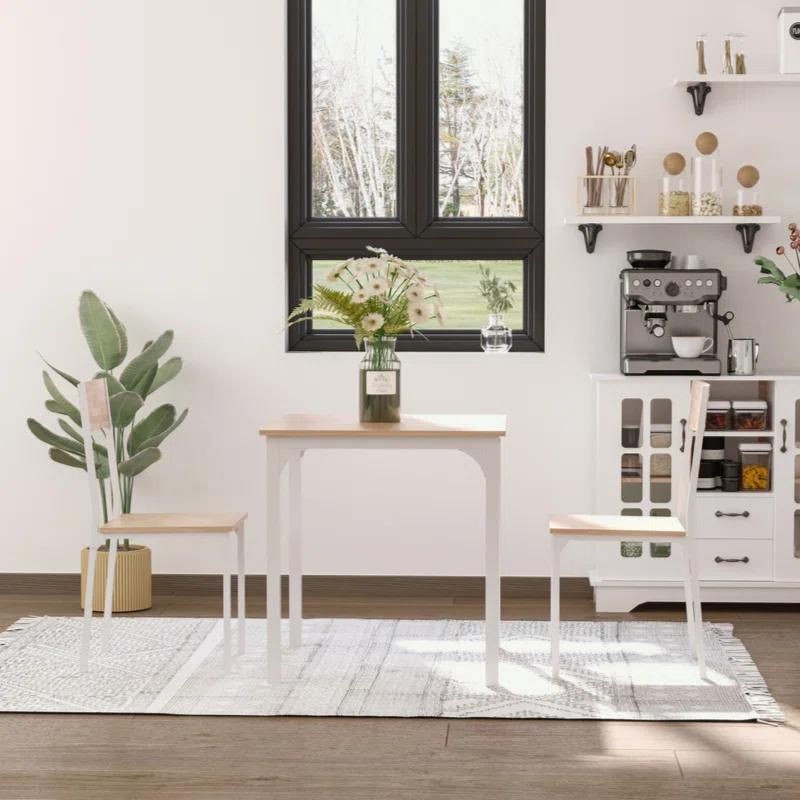 George Oliver HOMCOM 3-Piece Wooden Square Dining Table Set With 1 Table And 2 Chairs And Sturdy Metal Frame For Small Space, White