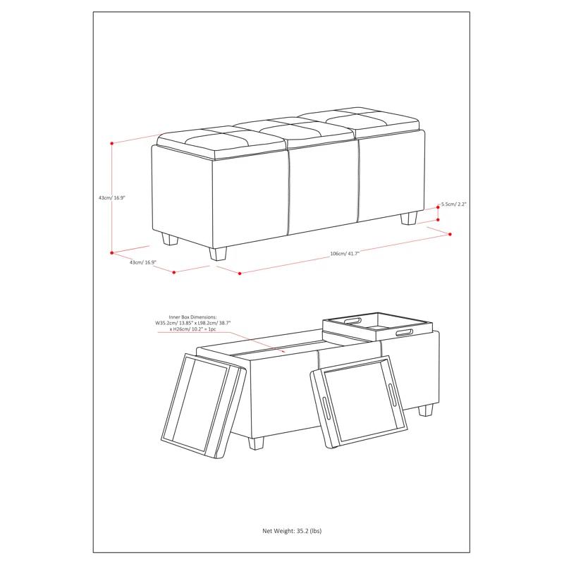 Simpli Home Avalon 42"W Upholstered Storage Ottoman with 3 Flip-Over Serving Trays