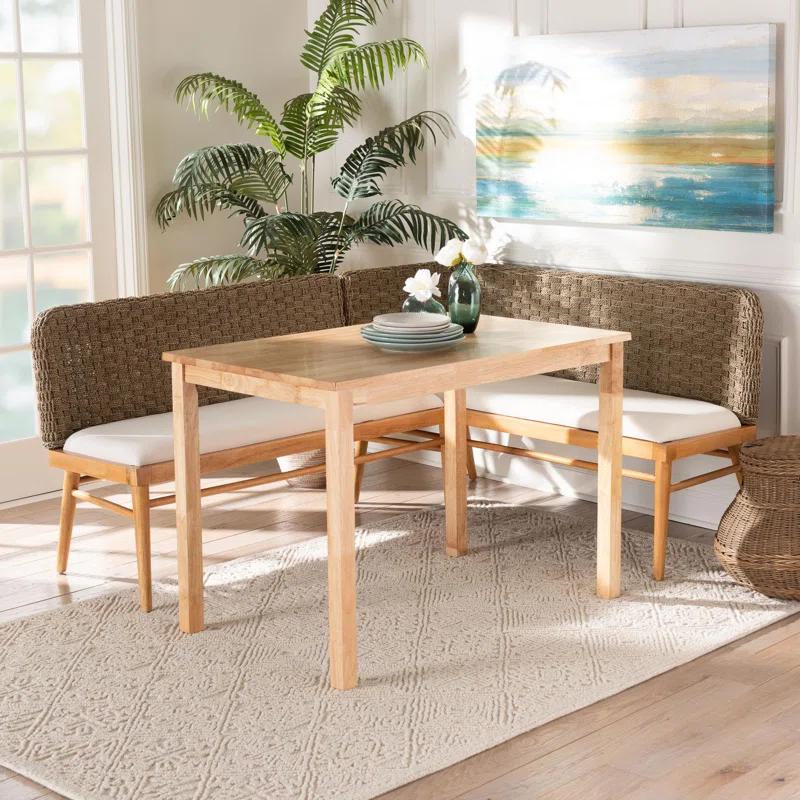 Highland Dunes Aafrin Bali & Pari Denver Modern Bohemian Natural Seagrass And Acacia Wood 3-Piece Dining Nook Set