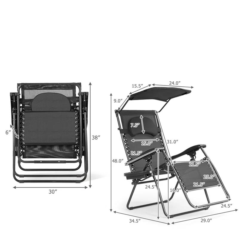 Arlmont & Co. Outdoor Folding Recliner Lounge Chair with Shade Canopy And Cup Holder