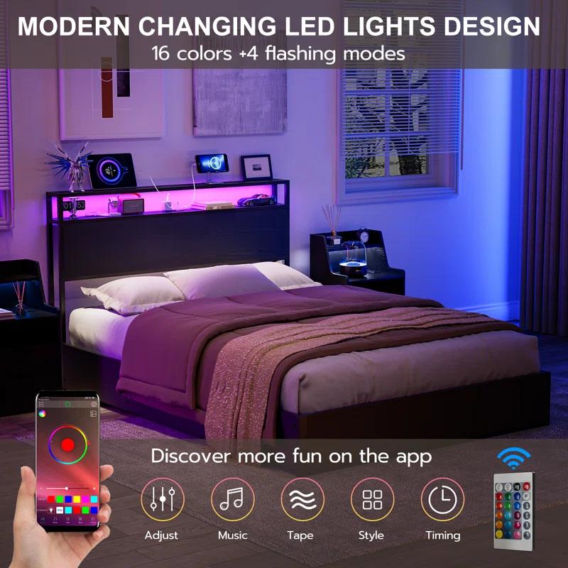 Ivy Bronx Kaiwei Storage Headboard With Led Lights & Charging Station - Industrial Metal And Wood