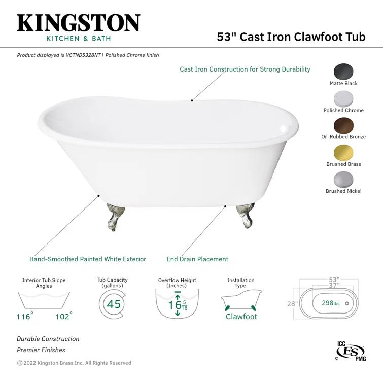 Kingston Brass Kingston Brass Aqua Eden 53-Inch Cast Iron Oval Single Slipper Clawfoot Tub (No Faucet Drillings) VCTND5328NT7