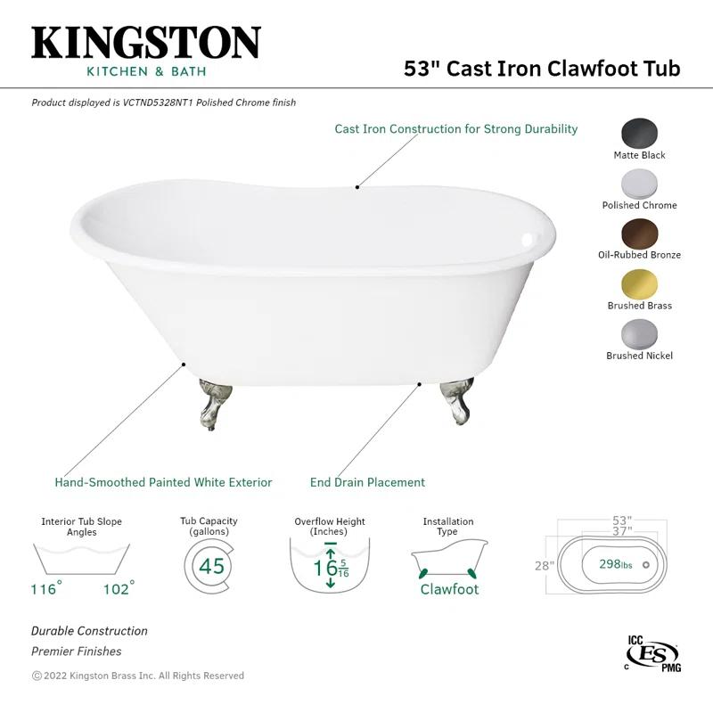 Kingston Brass Aqua Eden 53-Inch Cast Iron Oval Single Slipper Clawfoot Tub (No Faucet Drillings)