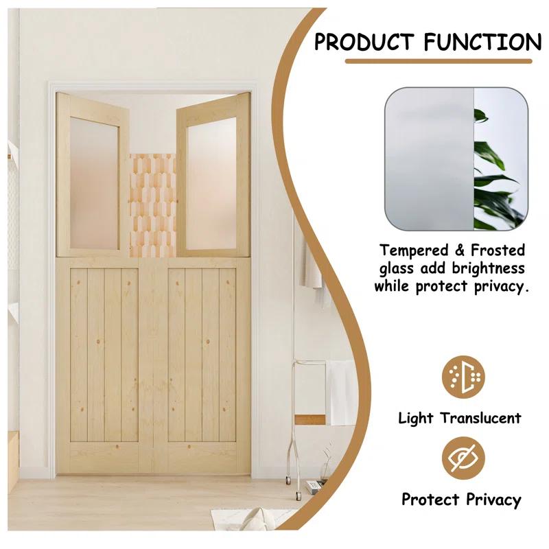 CHIC MODE Interior Dutch Door - Half Frosted Glass Split Door Slab, Modern Style Farmhouse Closet Door, Natural Pine Wood(Not Include Door Hinges)