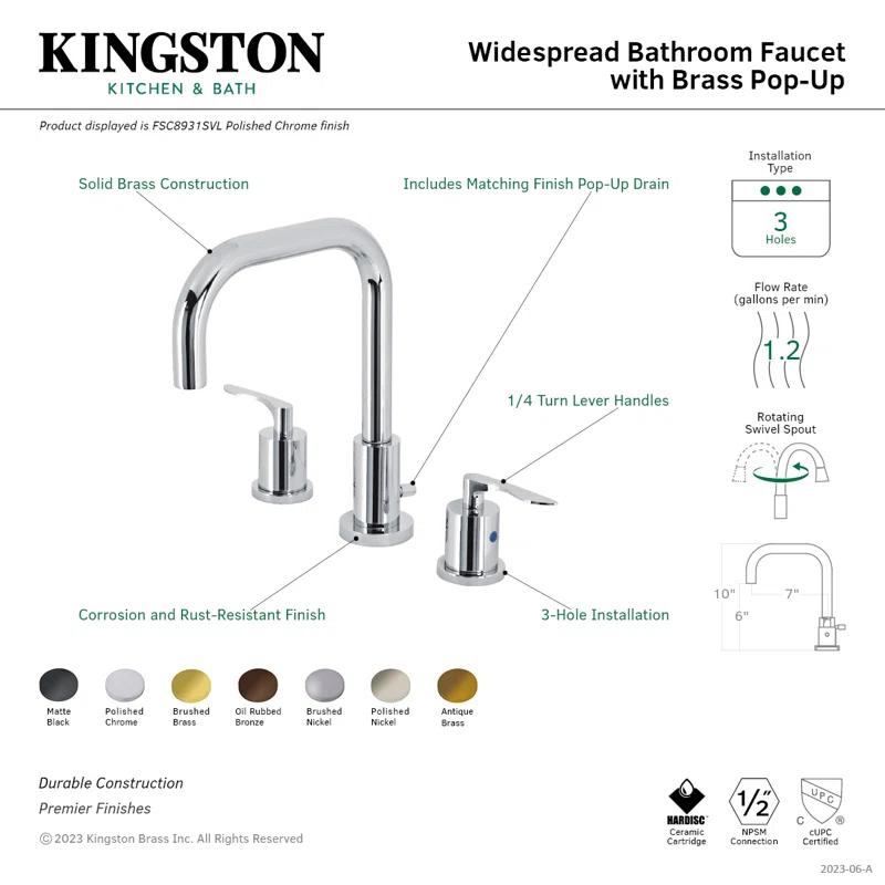 Kingston Brass FSC8931SVL Kingston Brass Serena Two-Handle 3-Hole Deck Mount Widespread Bathroom Faucet with Brass Pop-Up Drain