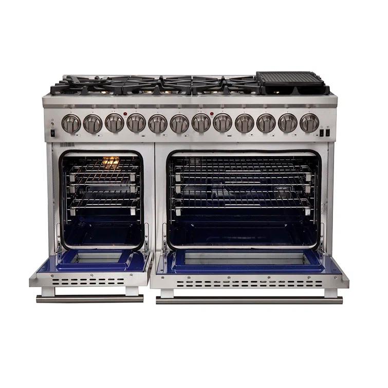 Forno Capriasca 48-inch Dual Fuel Range All Stainless Steel, 8 Brass Burners, 6.58 cu.ft. Double Ovens FFSGS6187-48