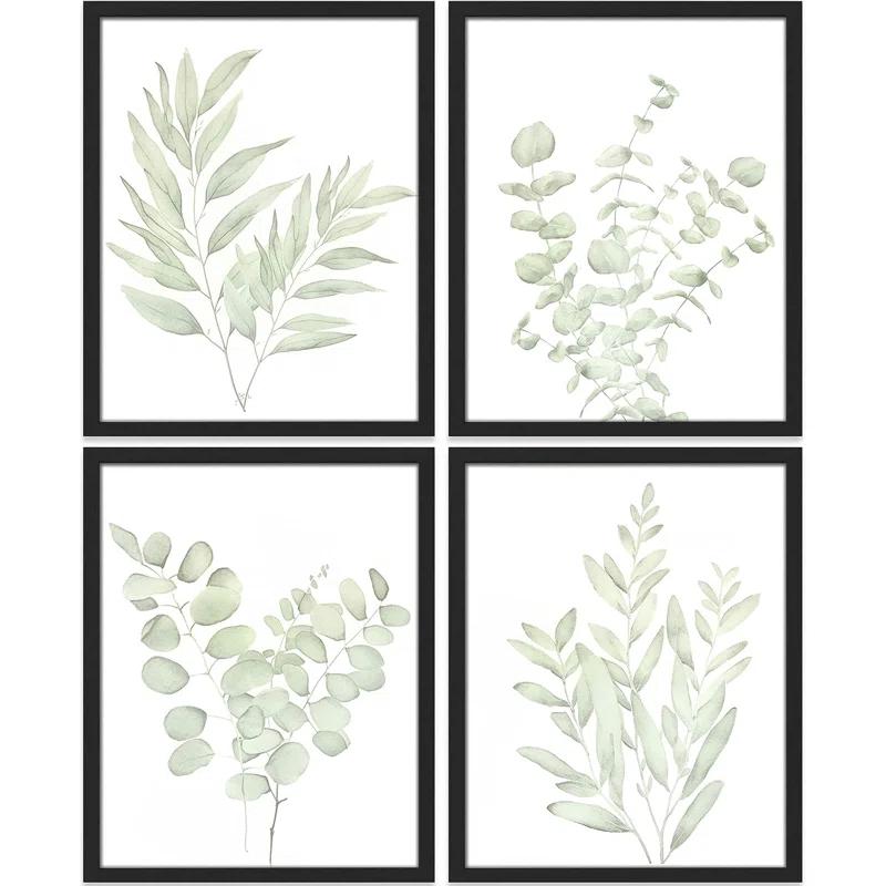IDEA4WALL Minimal Botanical " IDEA4WALL Framed Pastel Watercolor Green Leaves Wall Art, Set Of 4 Nature Wilderness Wall Decor Prints, Botanical Floral Wall Decor For Living Room, Bedroom " 4 - Pieces