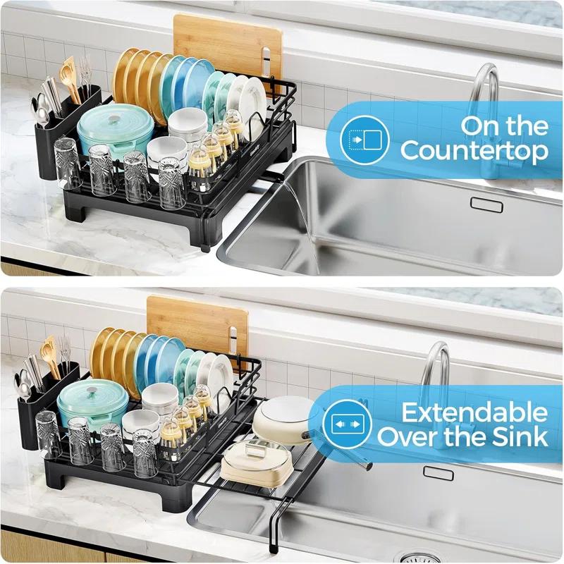 THE GLAMOUR BOUTIQUES Extendable Dish Drying Rack, 2 In 1 Multifunction Dish Rack For Kitchen Counter, Expandable Dish Drainer Over Sink, Large Dish Strainer With Drainboard & Cups Holder, Black