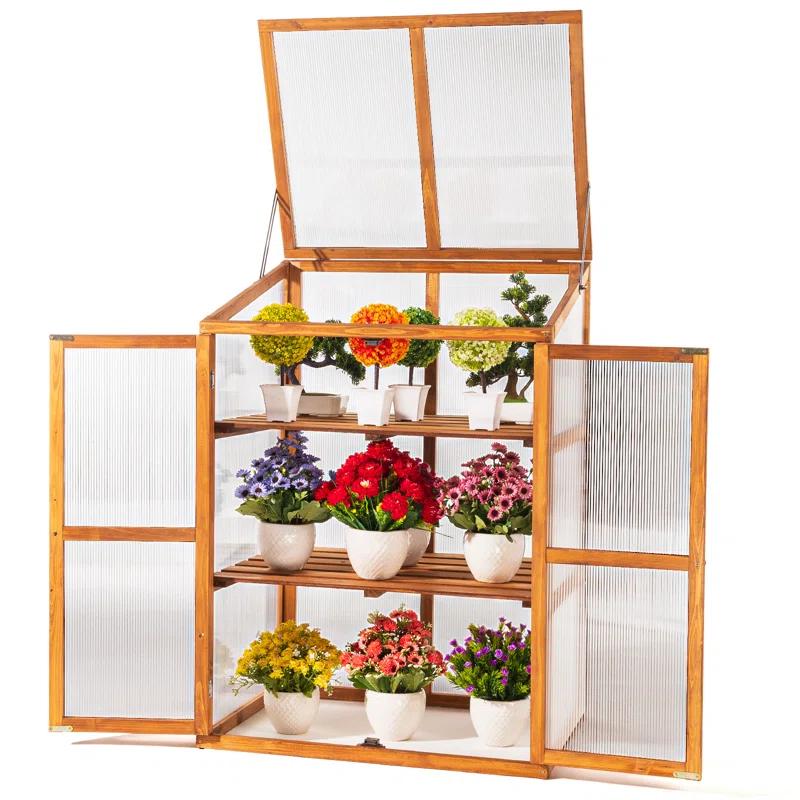 Wood Cold Frame Greenhouse for Outdoors, 2-Tier Greenhouse Cabinet