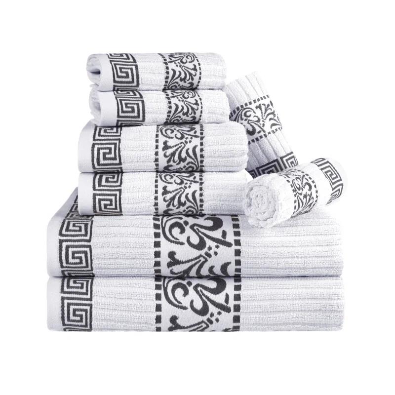Superior Athens Cotton Medium Weight Floral Border Greek Key Trim 8 Piece Assorted Towel Set by Superior