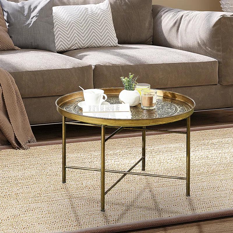 Dakota Fields 24" Round Coffee Table with Hammered Tray Top & Metal Frame, Gold