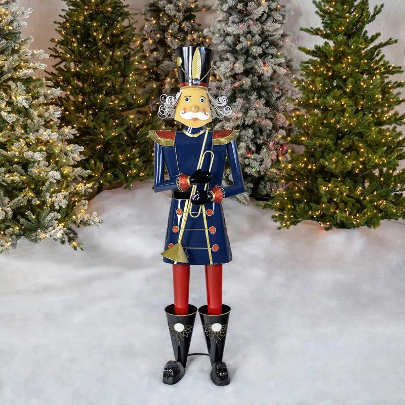 59" Tall Iron Christmas Blue Nutcracker Holding Trumpet "Harold"