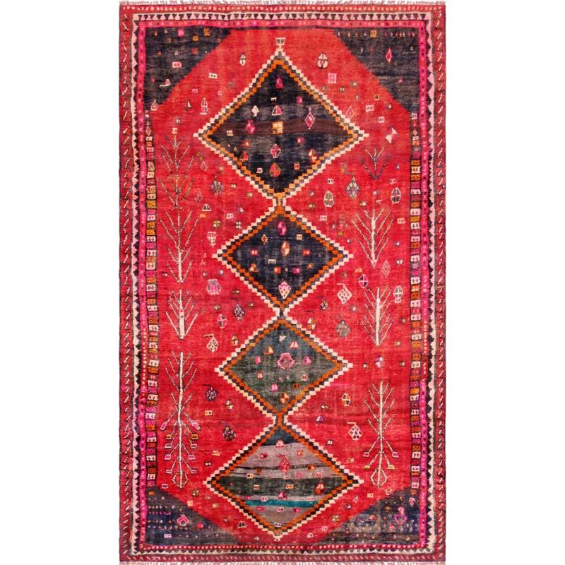 Pasargad Vintage One-of-a-Kind Rectangle 4'6" X 9' 1940s Wool Area Rug in Red/Black/White