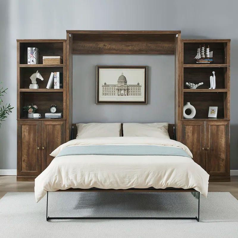 LOONGFIELD Full Size Half Self-Close And Open Murphy Bed With 2 Side Cabinet Storage Shelf, Cabinet Space-Saving Bed Perfect For Guest Room, Bed Room, Guest Room, Home Office