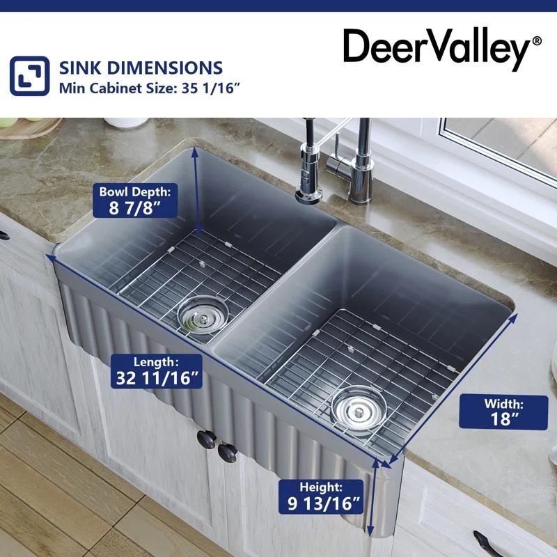 DeerValley Nova 33" L x 18" W Double Bowl Fireclay Farmhouse Kitchen Sink with Sink Grid and Basket Strainer DV-1K0041
