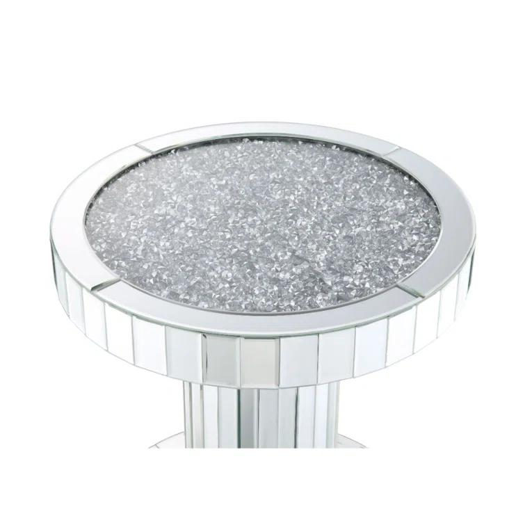 Round Silver Wood and Glass Mirrored End Table