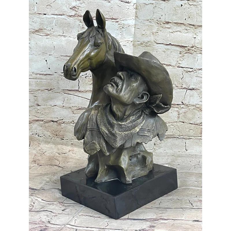 Canora Grey Thailan Western Art Old West Cowboy With Horse Bronze Bust Sculpture Marble Statue Decor