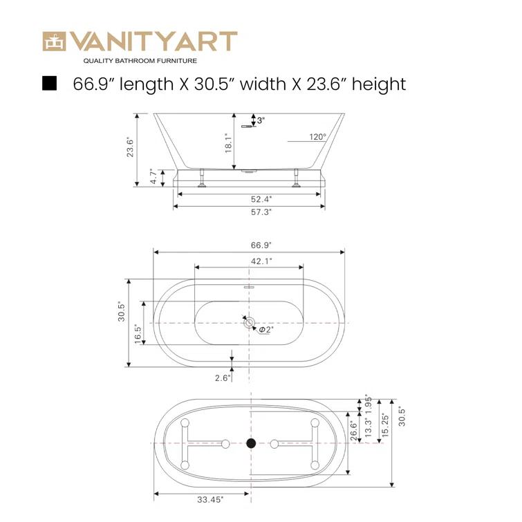 Vanity Art Athena 67" x 31" Freestanding Soaking Acrylic Bathtub VA6610-L-MB