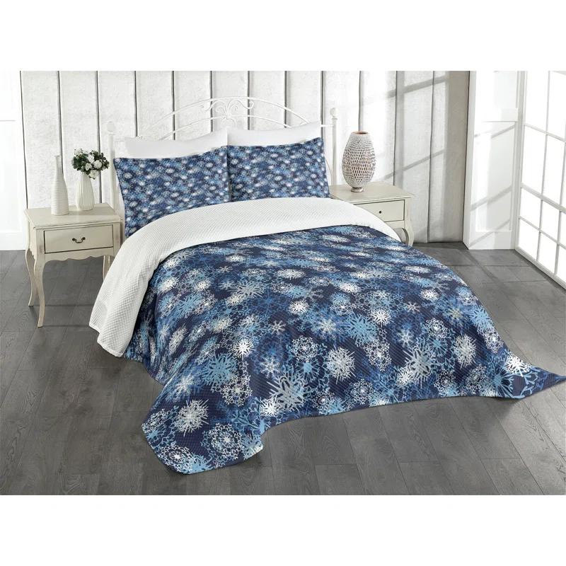 Ambesonne Ambesonne Winter Bedspread Set Ornate Snowflakes Xmas Pale Blue Dark Blue