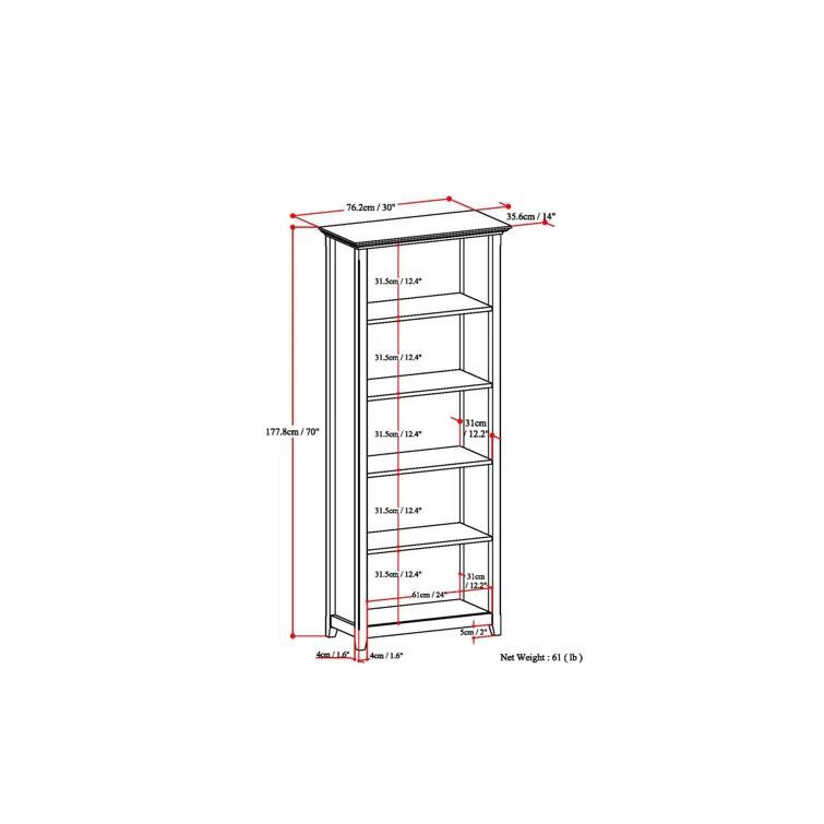 Simpli Home Amherst 30"W Solid Wood 5 Shelf Bookcase with Adjustable Shelves