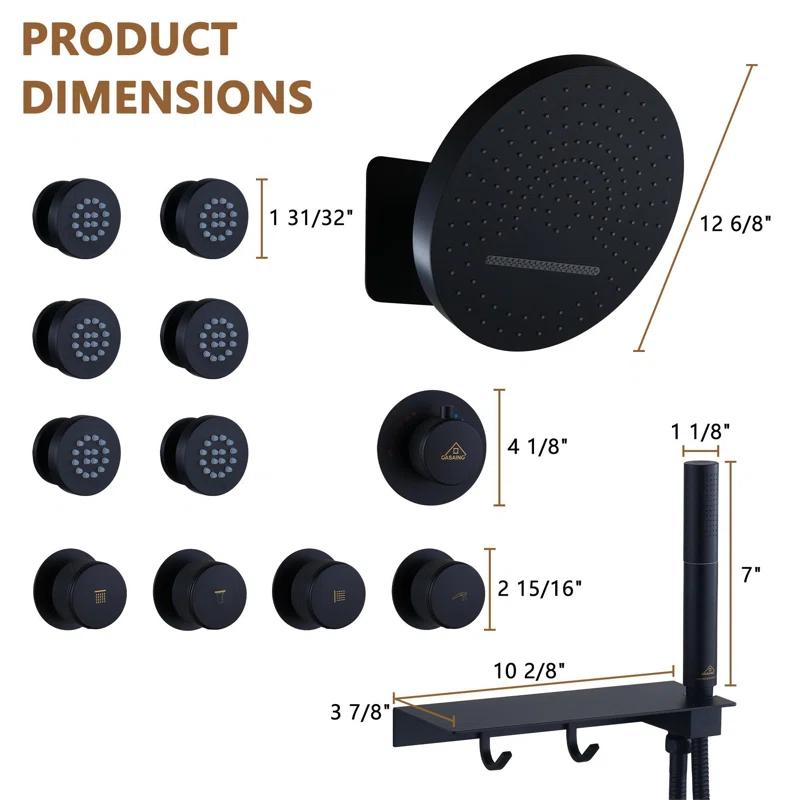 CASAINC KCHS0005-12MB Rainfall Thermostatic Shower System with Body Jets, 2-Sprays Shower Head and a Shelf