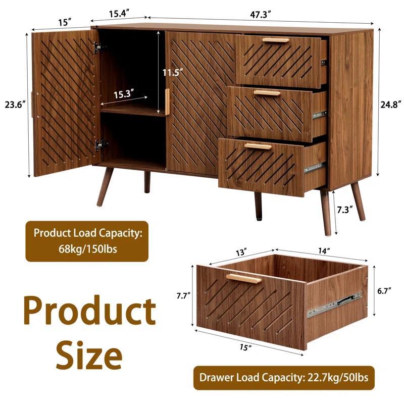 George Oliver Storage Cabinet With 3 Drawers & Double Doors, Kitchen Buffet Sideboard Cabinet,Wood Storage Organizer For Kitchen, Living Room, Dining Room, Brown & Reviews | Wayfair