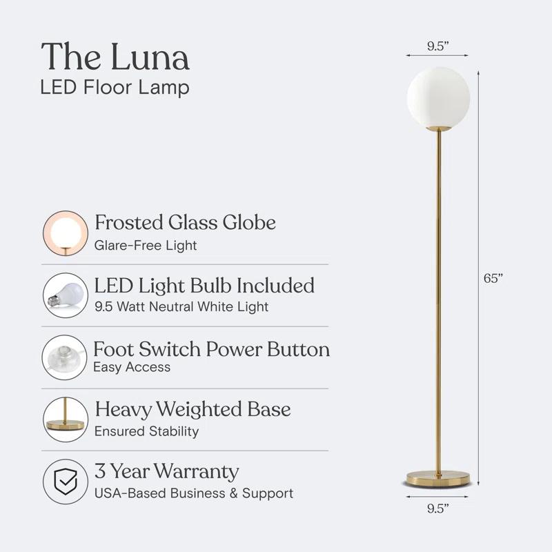 Brightech Luna Industrial Modern LED Floor Lamp with Glass Round Globe Shade