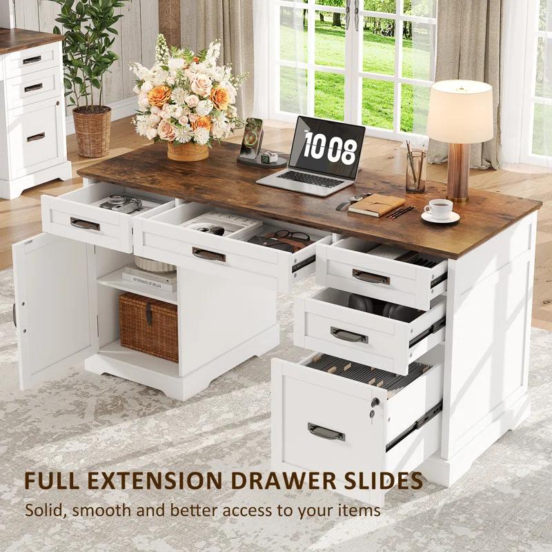 August Grove® 55'' Farmhouse Executive Desk with Drawers, File Cabinet and Power Outlets