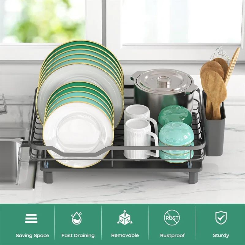 R&M Furniture Stainless Steel Rustproof Dish Drying Rack - Sturdy Dish Drainer for Kitchen Countertops with Drainer Plate, Multifunctional Design, Suitable for a Variety of Kitchen Utensils, Dimensions 16.2“ (L) x 12.6” (W)