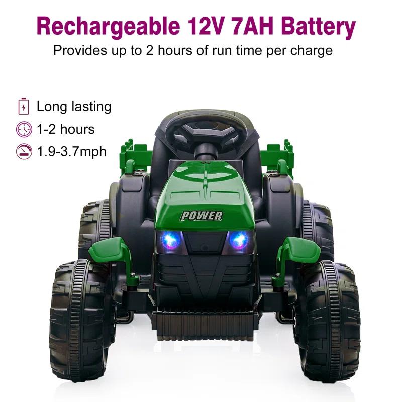 Yesurprise 12v Kids Ride On Tractor With Trailer Battery Powered Electric Vehicles Toy With 35w Dual Motor Remote Control 6 Wheels Led Lights Music