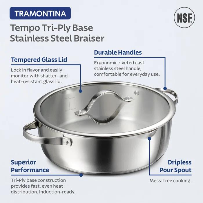 Tramontina Tramontina Tempo Tri-Ply Base Stainless Steel 6-Quart Braiser Pan with Glass Lid, Induction-Ready, Oven-Safe, Dishwasher-Safe