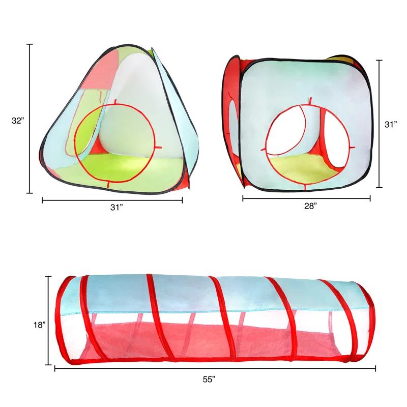 Hey! Play! 4-Piece Kids Pop-Up Tent, Cube, and Tunnel Set for Indoor and Outdoor Use Colorful Playhouse with Carrying Case