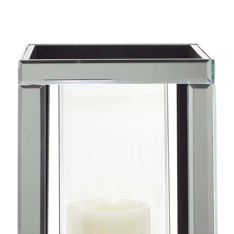 House of Hampton® Glass Pillar Silver Hurricane Lamp with Mirrored Accents