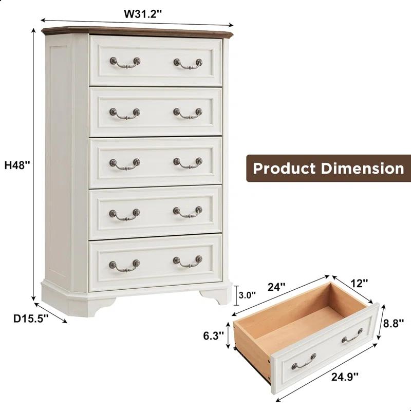 Laurel Foundry Modern Farmhouse® Theron Farmhouse 5 Drawer Bedroom Dresser, Wood Tall Chest of Drawers, Closet Storage for Bedroom