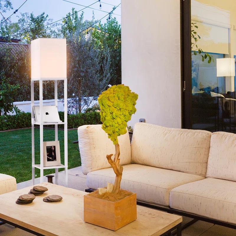 Brightech Maxwell 63 in. 3-Shelf USB-Charging LED Floor Lamp with Fabric Square Shade