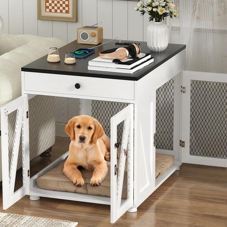 Tucker Murphy Pet™ Dog Crate Furniture, Wooden Dog Kennel End Table with USB Charging Station, Storage Drawer, Double Latched Door, Farmhouse Furniture-Style Crate Side Table for Dogs Under 40 lbs, Indoor Use