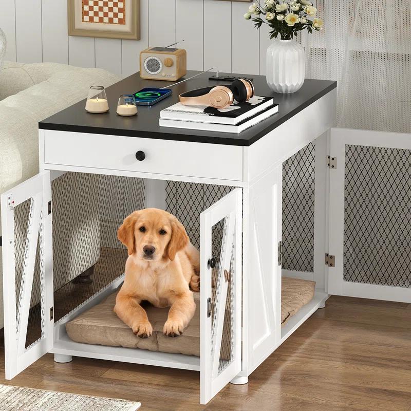Tucker Murphy Pet™ Dog Crate Furniture, Wooden Dog Kennel End Table with USB Charging Station, Storage Drawer, Double Latched Door, Farmhouse Furniture-Style Crate Side Table for Dogs Under 40 lbs, Indoor Use