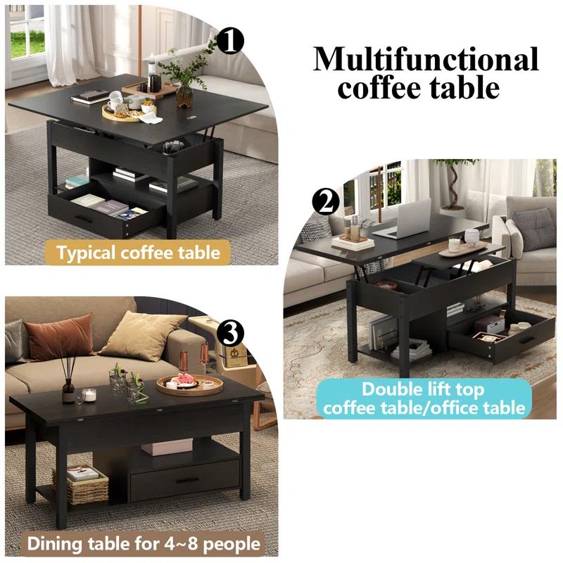 17 Stories Lift Top Coffee Table, Multi-Function Convertible Coffee Table With Storage Compartment&Drawers, Coffee Table For Living Room Converts To Dining Table, Computer Desk