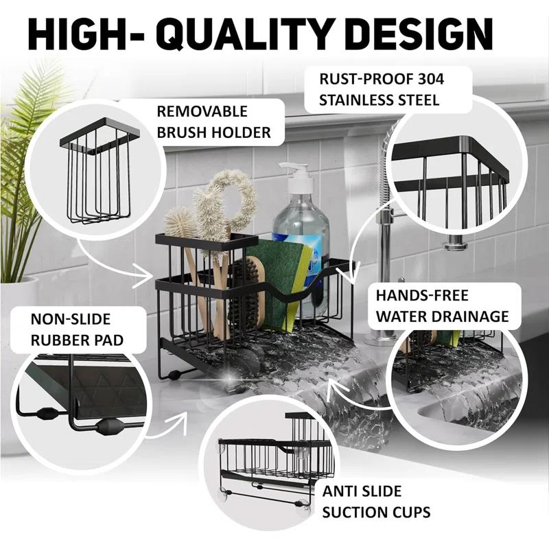 WKING Stainless Steel Kitchen Sink Caddy Organizer With Draining Tray, Rustproof Sponge Holder For Sink, Adjustable Compartments, Space-Saving Design