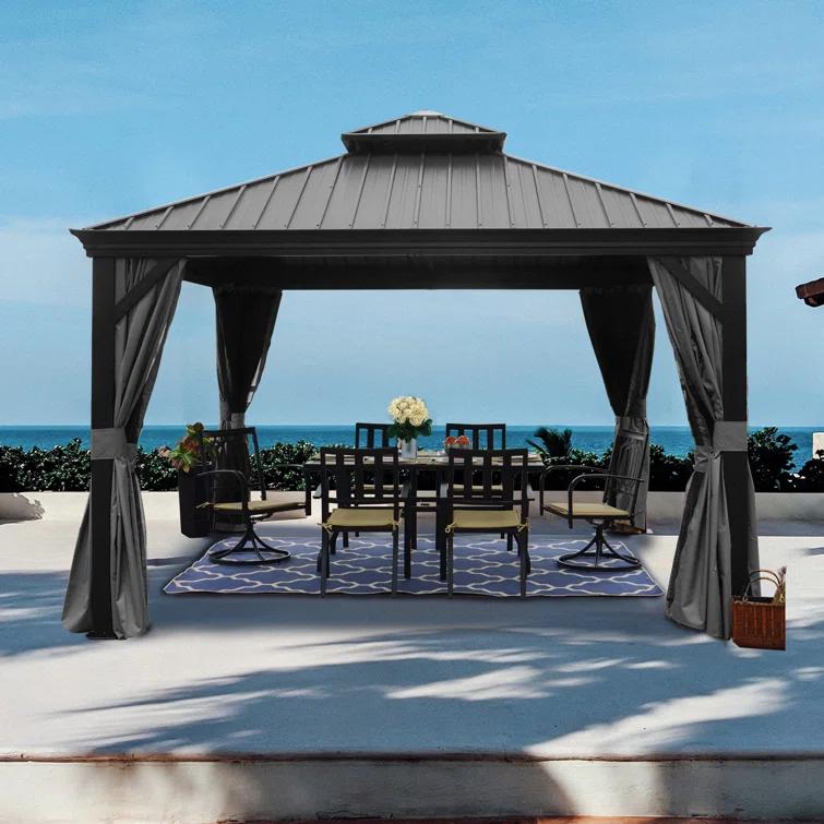 Kozyard Kozyard Alexander Gray Double Roof Hardtop Gazebo with Privacy Curtain Mosquito Netting