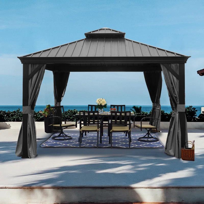 Kozyard Kozyard Alexander Gray Double Roof Hardtop Gazebo with Privacy Curtain Mosquito Netting